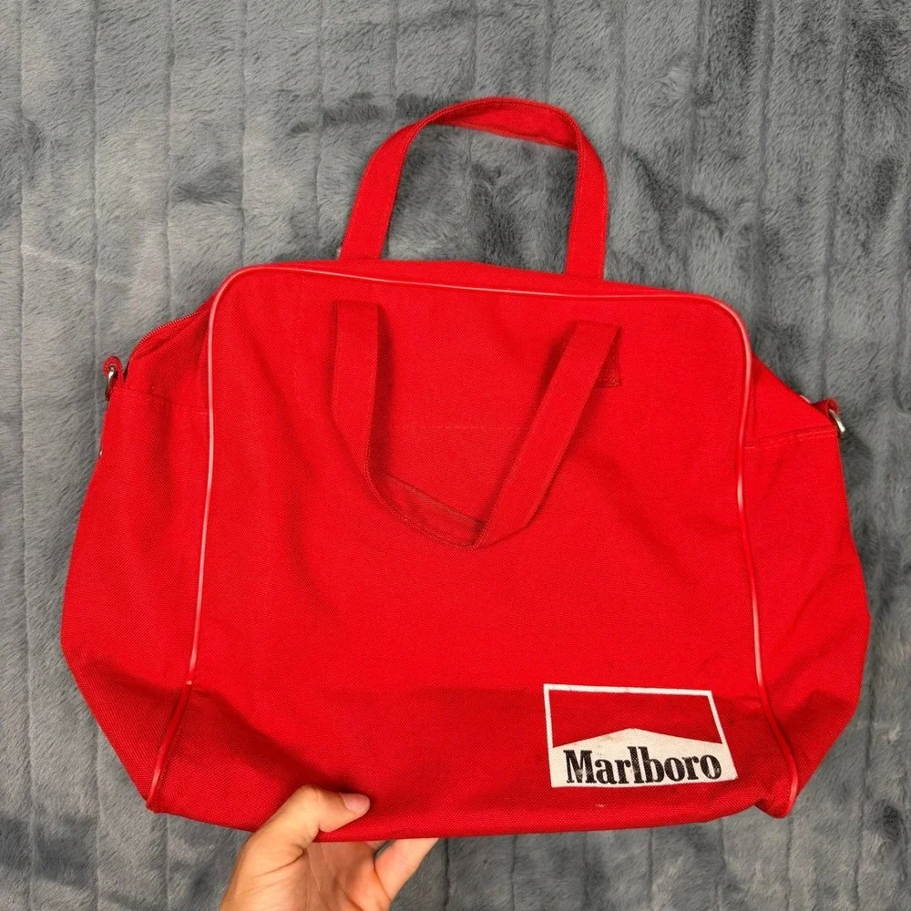 Vintage Marlboro Adventure Team Red Canvas Duffel Bag Weekend Travel Luggage 90s